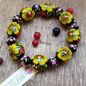 Wooden bracelet with floral pattern, handmade, Ukrainian Petrykivka painting