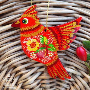 Hand-Painted Cardinal Christmas Ornament – Wooden Ukrainian Folk Art