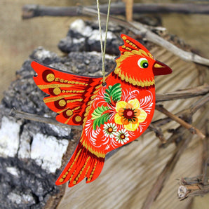 Hand-Painted Cardinal Christmas Ornament – Wooden Ukrainian Folk Art