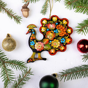 Paon Pendentif de Noël – Bois Peint à la Main Ukrainien