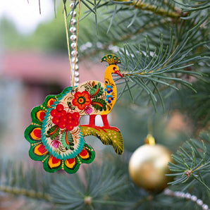 Pendentif de Noël Paon – Bois Peint à la Main, Artisanat Ukrainien