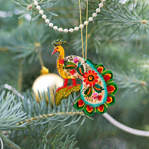 Pendentif de Noël Paon – Bois Peint à la Main, Artisanat Ukrainien