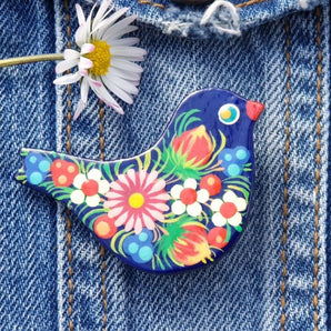 Wooden pin - bird with floral pattern