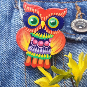 Brooch-owl made of wood by hand, Petrykivka painting