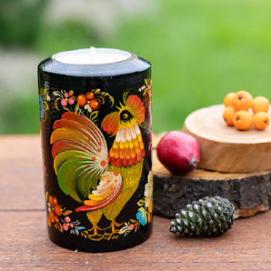 Wooden candle holder with the rooster hand-painted - beautiful gift idea