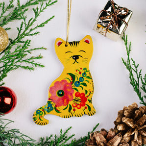 Red cat wooden funny animal Christmas ornaments