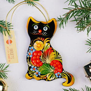 Cat wooden ornament, ukrainian hand painting on both sides