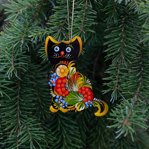 Cat wooden ornament, ukrainian hand painting on both sides