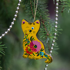 Red cat wooden funny animal Christmas ornaments