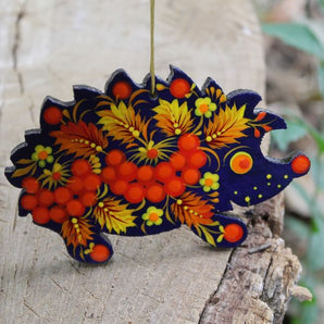 Hedgehog animal Christmas ornament, wooden, hand painted in Petrykivka style