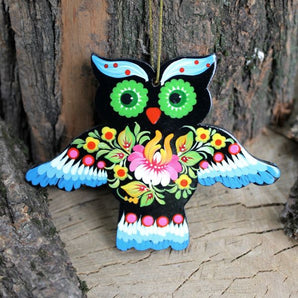 Funny Christmas decorations owl made of wood, hand painted Petrykivka