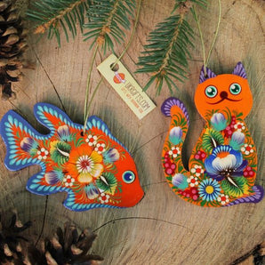 Wooden Christmas tree decorations funny animals cat and fish