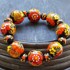 Wooden bracelet with flower ornament, hand made folk fashion wooden jewelry