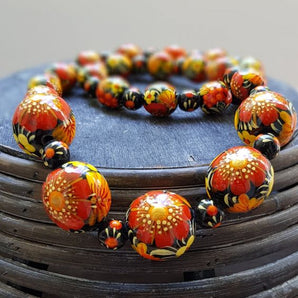 Wooden bead necklace, fashion hand painted with poppies flower wooden jewelry