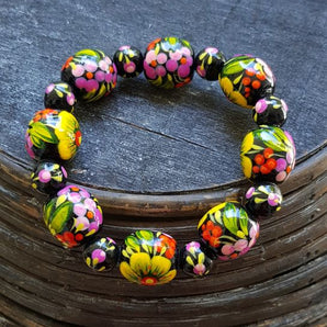 Wooden bracelet with floral pattern, handmade, Ukrainian Petrykivka painting