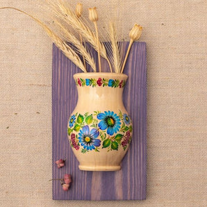 Kitchen wall decor, wooden hanging vase hand painted with blue flowers