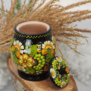 Wooden jar for bulk products in green, Ukrainian handcraft