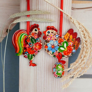 Easter ornaments made of wood with flowers patterns - Rooster, Chicken, Easter egg