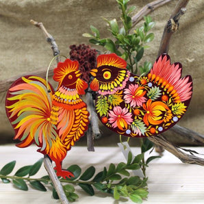 Easter pendant set rooster and chicken made of wood, artfully hand-painted