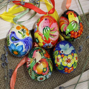 Mini Easter eggs to hang, set 5 pcs - small Ukrainian wooden eggs