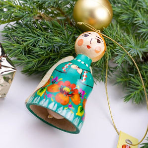 Christmas angel decoration and bell handmade of wood