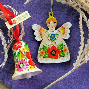 Christmas ornaments Angel and Christmas bell ukrainian painted