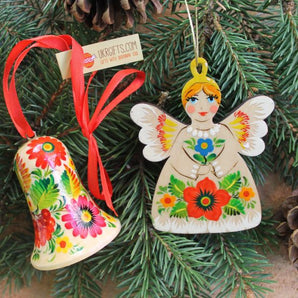 Christmas ornaments Angel and Christmas bell ukrainian painted