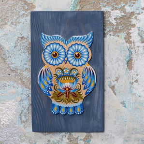 Owl decoration, wooden wall decoration with blue pattern