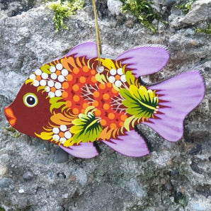 Wooden Christmas tree decoration, colorful fish painted on both sides