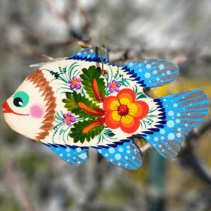 Colorful Christmas decoration, wooden fish, hand-painted on both sides