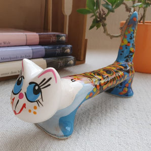 Cat ceramic figures hand-painted, funny cat with blue pattern