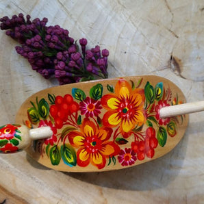 Hair clip with floral pattern hand-painted from wood, Ukrainian hair accessory