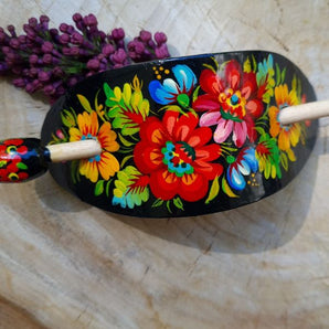 Wooden hand painted hair clip boho rustic hair slide with Ukrainian colorful floral pattern