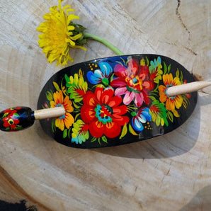 Wooden hand painted hair clip boho rustic hair slide with Ukrainian colorful floral pattern