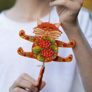 Funny red cat - wooden toy jumping jack -hanmade