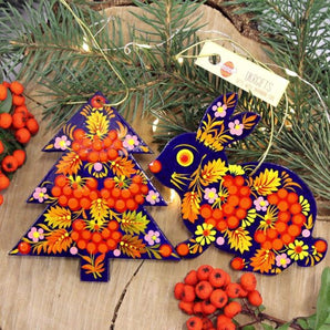 Wooden Christmas ornaments, set Rabbit with Christmas tree fine painting