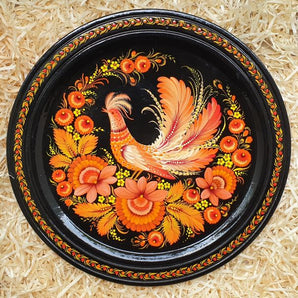 Hand-painted wooden plate "Bird on Black", Ukrainian painting