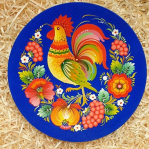 Hand-painted wooden wall plate "the rooster", traditional handicraft