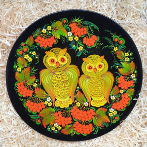 Wall plate Deco made of wood "Owls with snowball bush", Ukrainian artistic handicraft