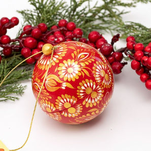 Nostalgische rot-goldene Christbaumkugeln handbemalt aus Holz zum öffnen, 8 cm