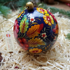 Dark blue hand-painted wooden Christmas ball