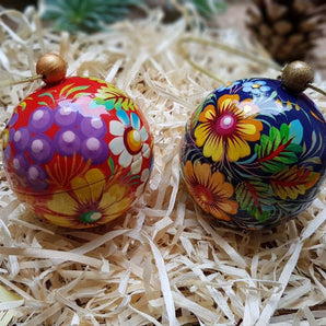 Hand-painted Christmas tree balls, set of 2 small, red and dark blue, 5.5 cm