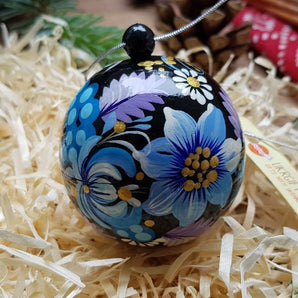 Hand-painted Christmas tree ball with blue flowers that can be opened, 7 cm