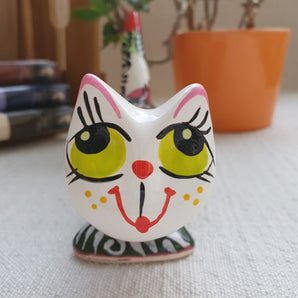 Cat figurine hand-painted ceramic, long funny tomcat with abstract pattern