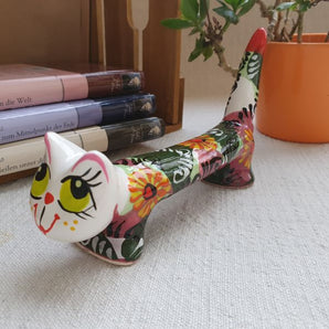 Original cat - hand-painted ceramic, long funny cat with floral pattern