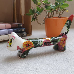 Original cat - hand-painted ceramic, long funny cat with floral pattern