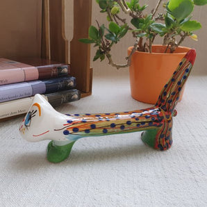 Dotted cat, long funny tomcat made of ceramic, original decoration