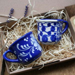 Espresso for two - hand-painted ceramic cups with blue pattern - Valentine's Day gift