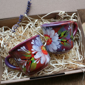 Small cups for two - hand-painted ceramic with floral pattern - Valentine's Day gift