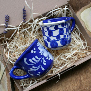 Espresso for two - hand-painted ceramic cups with blue pattern - Valentine's Day gift